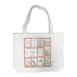 White canvas tote bag featuring My Baby Boomer Chinatown sublimation printed artwork by Irene Wong