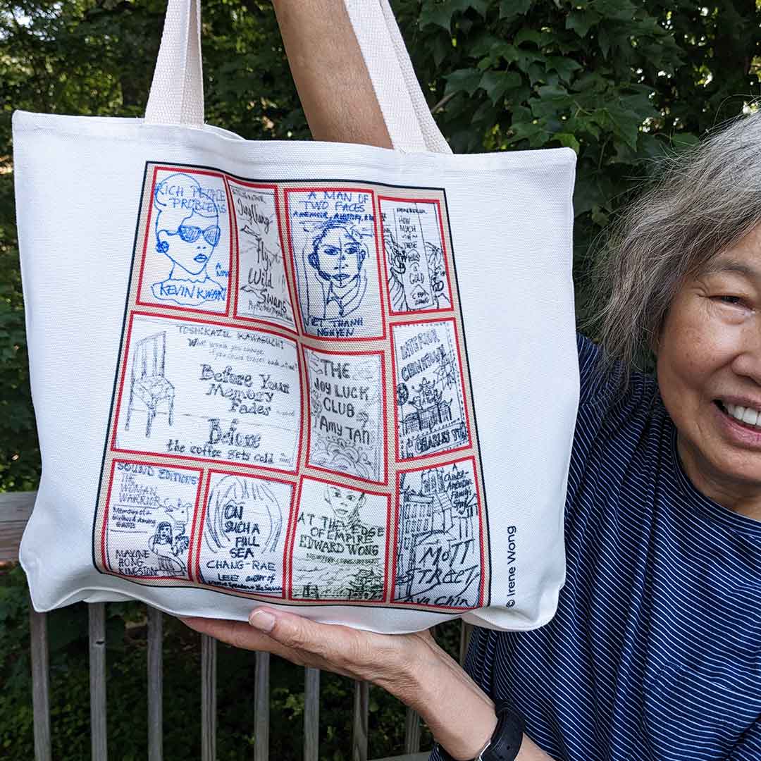 White canvas tote bag featuring My Baby Boomer Chinatown sublimation printed artwork by Irene Wong