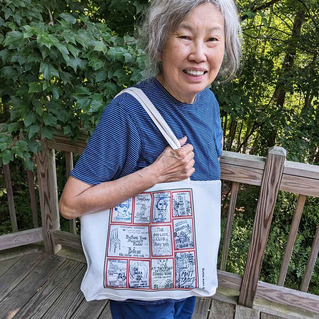 White canvas tote bag featuring My Baby Boomer Chinatown sublimation printed artwork by Irene Wong